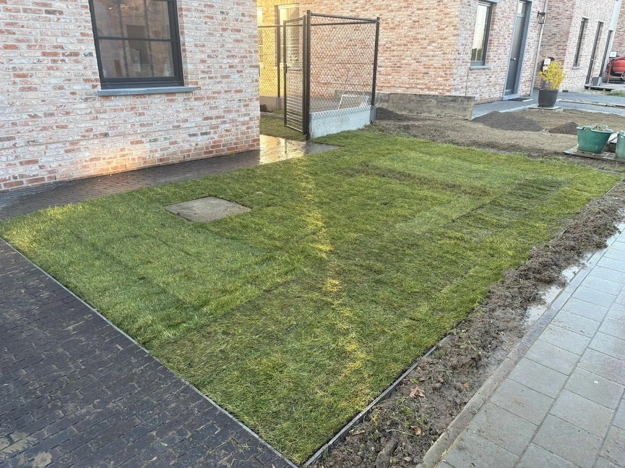 Tuinaanleg bij een nieuwbouwwoning met graszoden en afsluiting door L&R Projects, foto 1 van 4